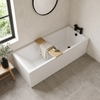 1800 x 800 Slim single ended bath with white panels and black bath filler tap in a calm Japandi-style bathroom