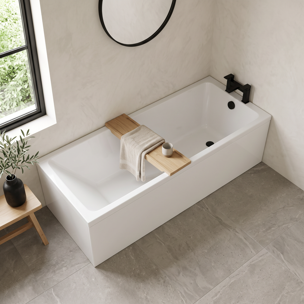 1800 x 800 Slim single ended bath with white panels and black bath filler tap in a calm Japandi-style bathroom