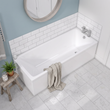 1800 x 800 Slim single ended bath with white panels and chrome bath filler tap in a bright coastal bathroom