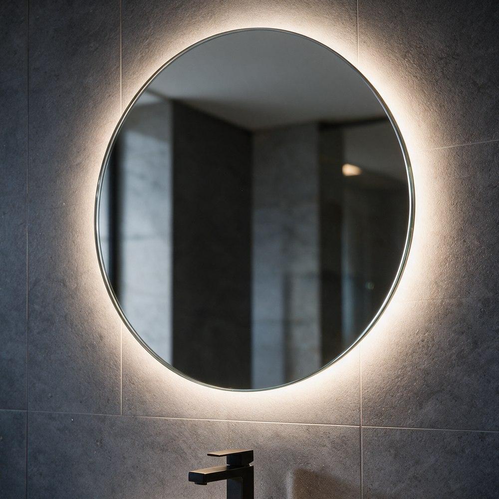 800mm round LED backlit bathroom mirror glowing on a grey stone wall above the Linnea vanity unit