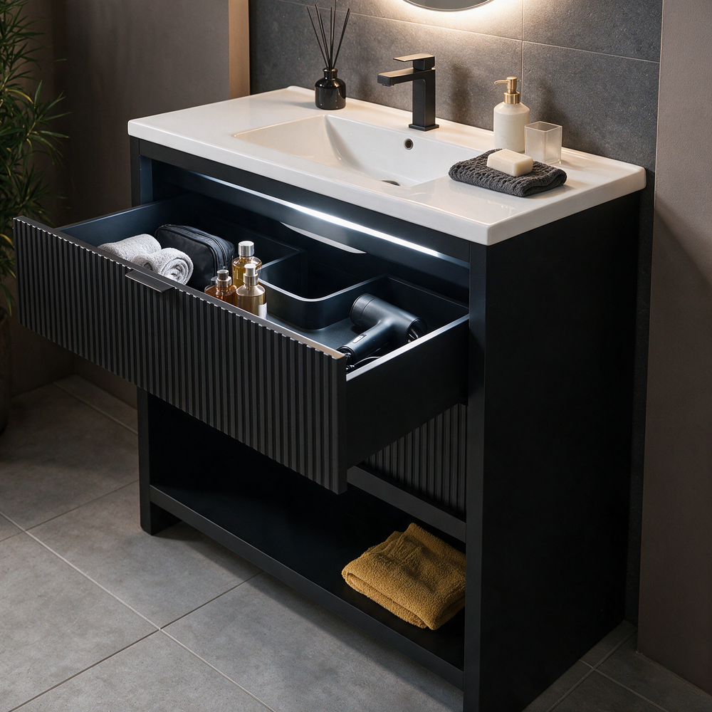 Linnea black vanity unit with the top fluted drawer open showing storage, lit by the motion-sensor LED under the basin