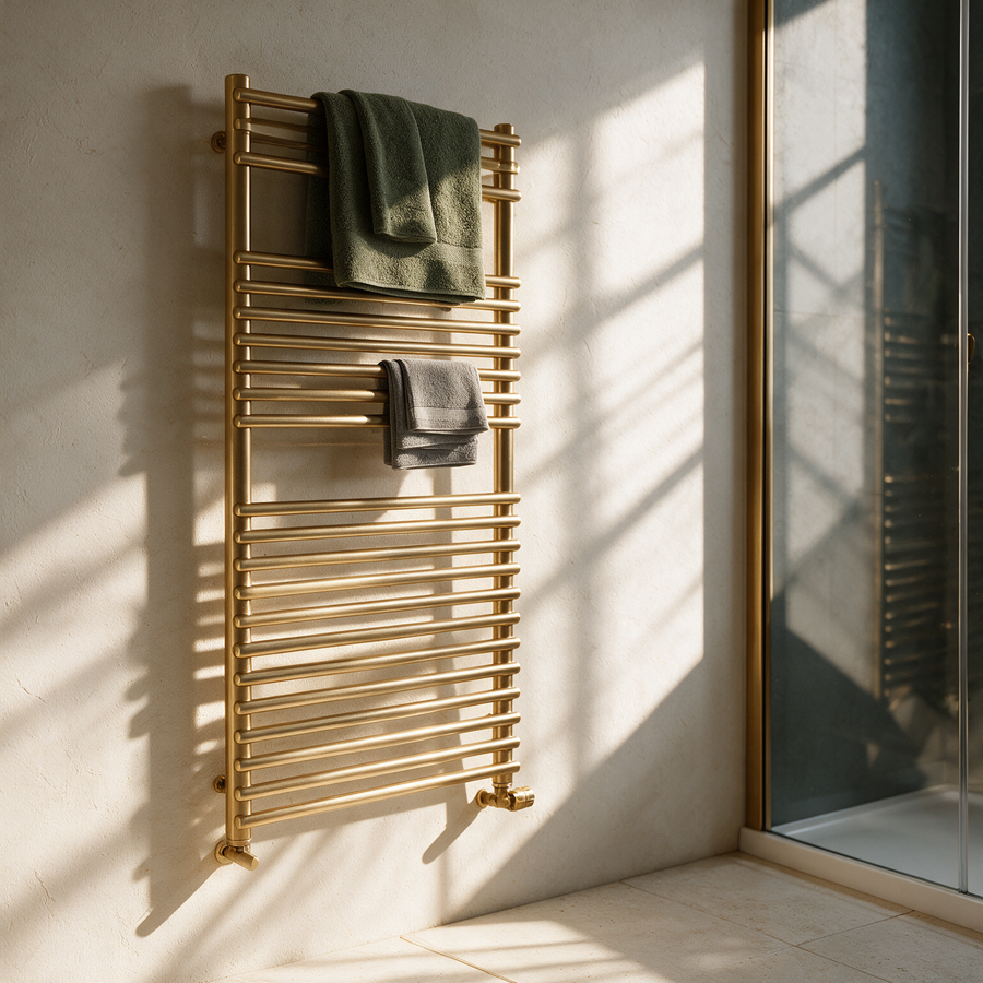 Brushed brass round tube heated towel rail 500 x 1190mm