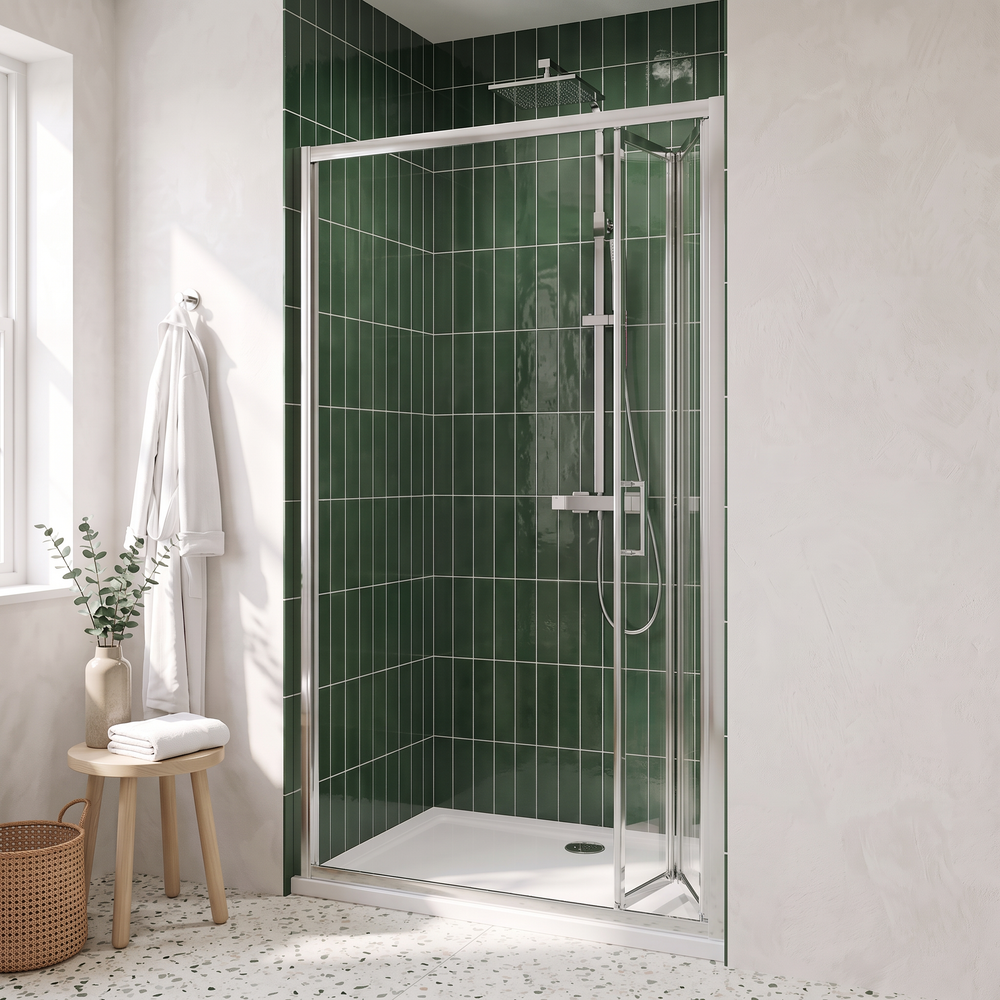 900mm bifold shower door folded open showing the tray, chrome waste and square shower kit