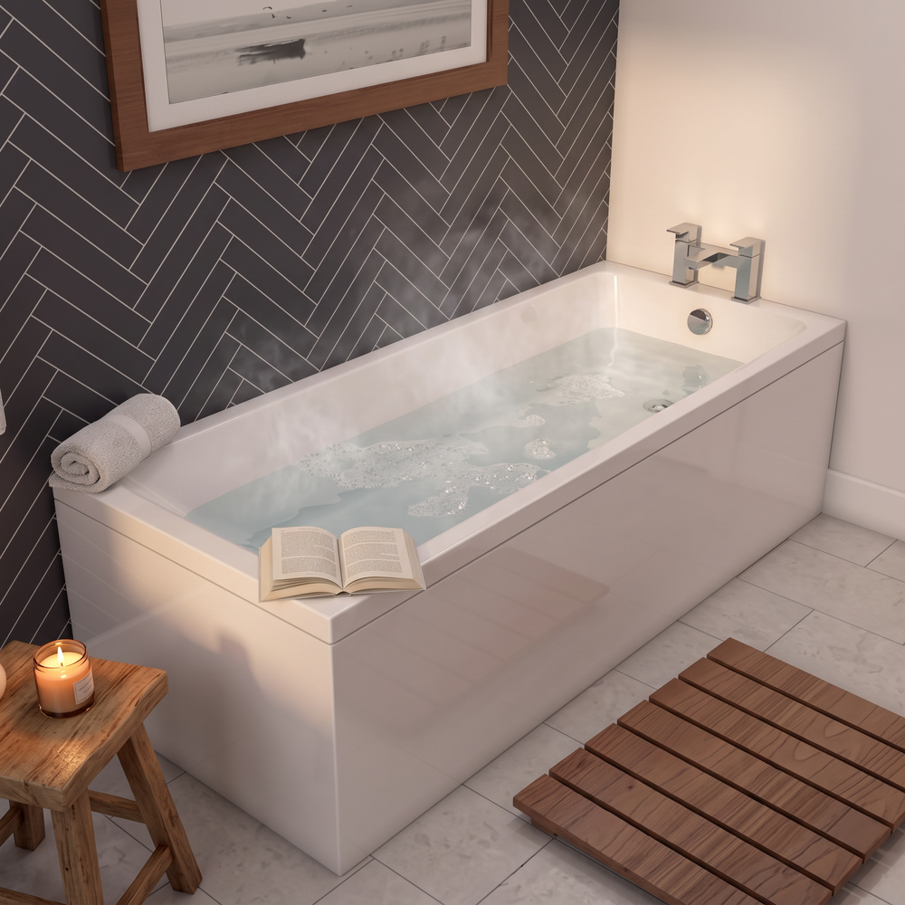 Slim 1800 x 800 bath filled with water, showing the generous bathing space