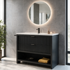 Linnea 1000mm black floorstanding vanity unit with tap and round LED mirror in natural daylight