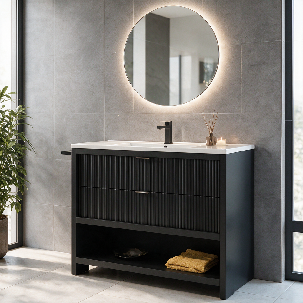 Linnea 1000mm black floorstanding vanity unit with tap and round LED mirror in natural daylight