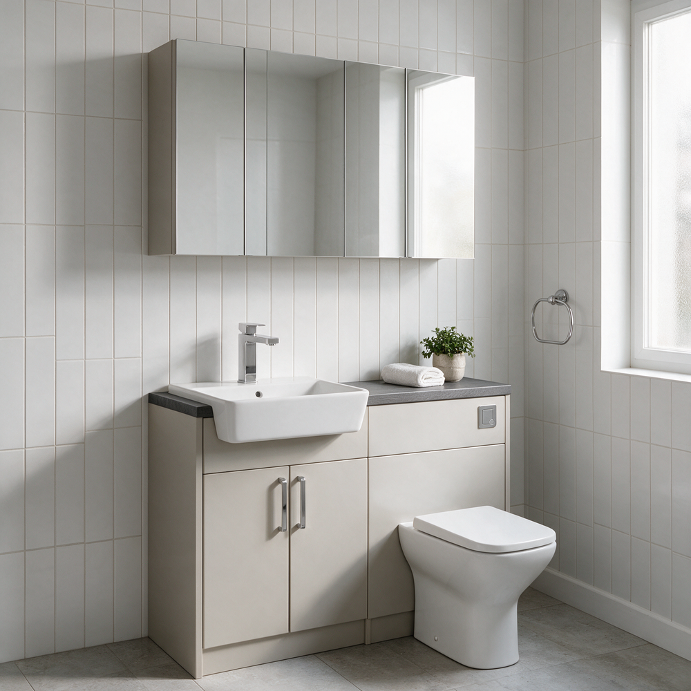Oliver 1200mm cashmere toilet and sink unit with mirror cabinets in a bright en suite