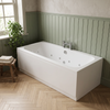 White 1700 x 800mm double ended whirlpool bath with panels in a sage panelled bathroom with oak floor