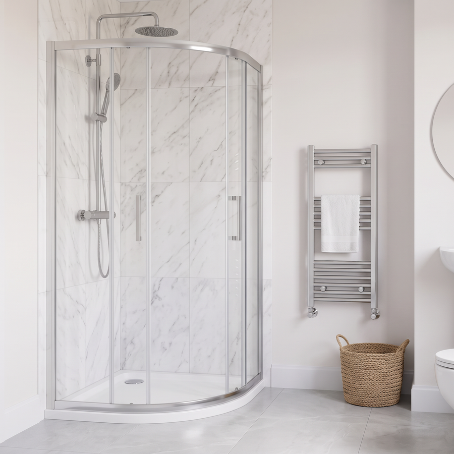 900 x 900mm chrome quadrant shower enclosure with sliding doors on a low profile white tray