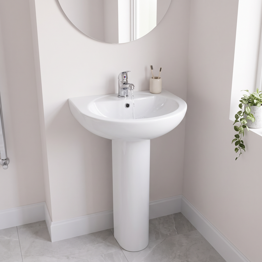 Karizma 550mm white basin and full pedestal with chrome mono mixer tap