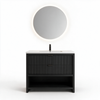 Linnea 1000mm black floorstanding vanity unit with basin, black tap and 800mm round LED mirror on a white background