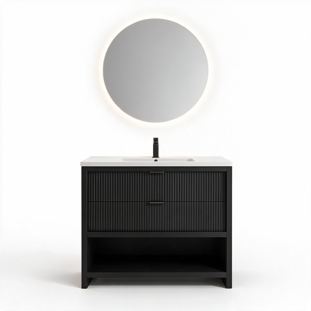 Linnea 1000mm black floorstanding vanity unit with basin, black tap and 800mm round LED mirror on a white background