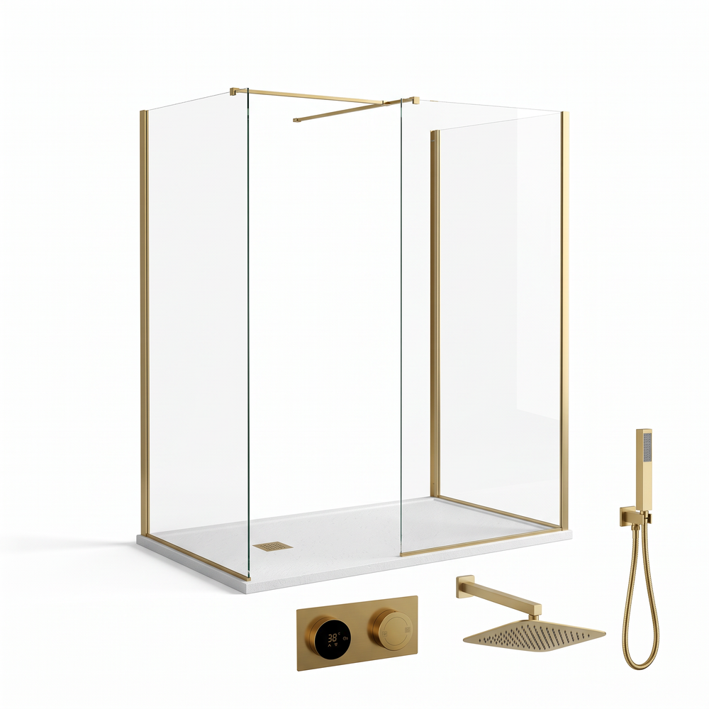 Brushed brass walk-in shower enclosure set with digital valve, rain head, handset and slate tray on a white background