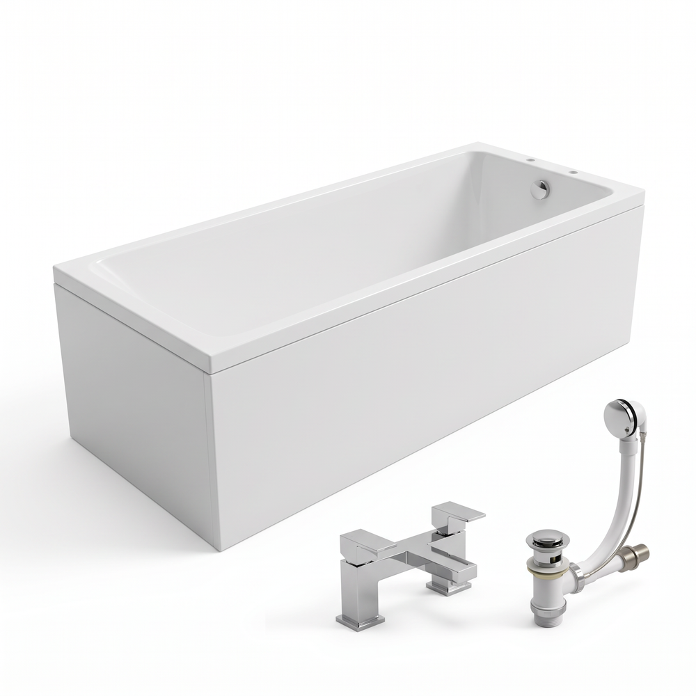 1800 x 800 Slim single ended bath set with panels, bath filler tap and pop up waste on a white background