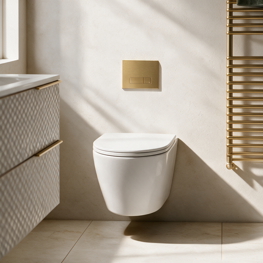 White wall hung toilet with brushed brass dual flush plate