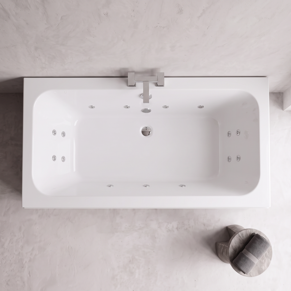 Overhead view of the whirlpool bath showing 14 chrome jets, 3 on each long side and 4 at each end