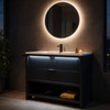 Linnea 1000mm matt black floorstanding vanity unit with fluted drawers, LED lighting on, white basin, black tap and 800mm round LED mirror in an evening bathroom