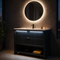 Linnea 1000mm matt black floorstanding vanity unit with fluted drawers, LED lighting on, white basin, black tap and 800mm round LED mirror in an evening bathroom