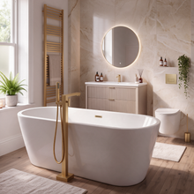 Linnea 1000mm Cashmere Vanity Unit Suite with Brushed Brass Corner Shower Enclosure & Freestanding Bath