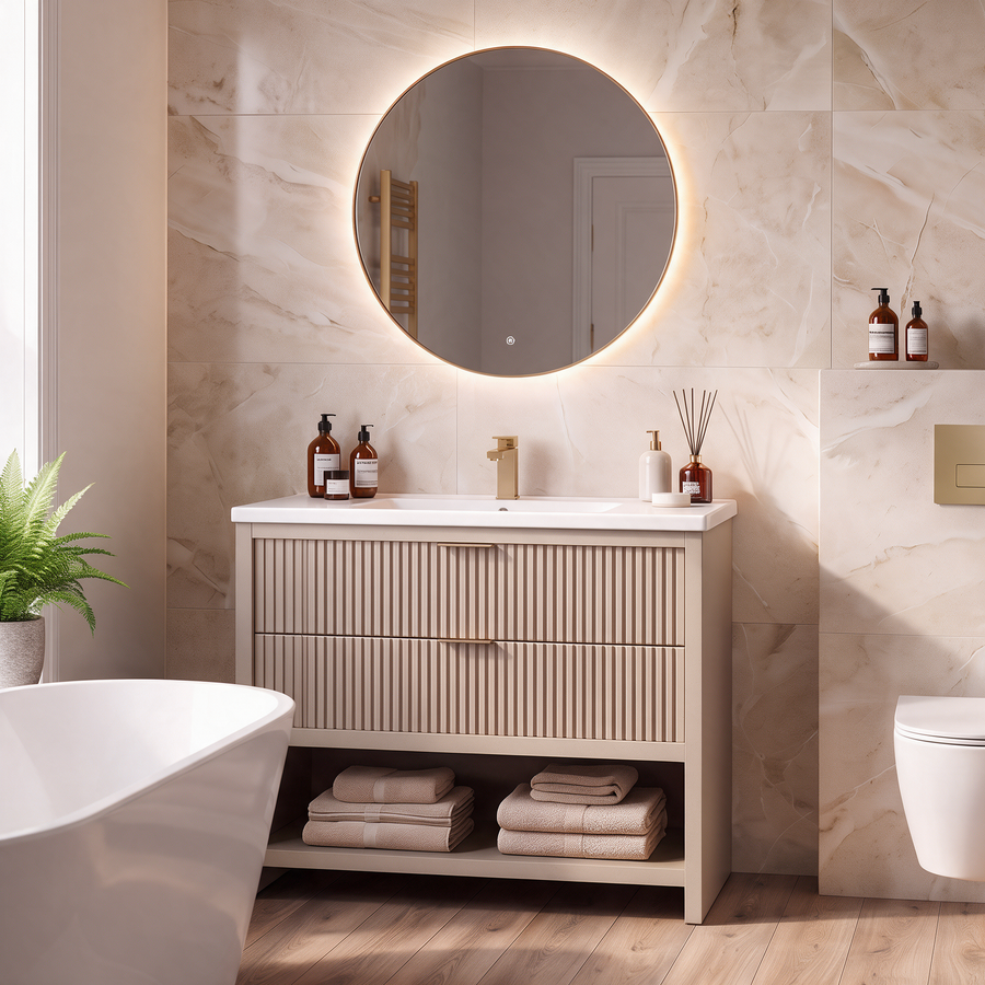 Linnea 1000mm Cashmere Vanity Unit Suite with Brushed Brass Corner Shower Enclosure & Freestanding Bath