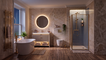Linnea 1000mm Cashmere Vanity Unit Suite with Brushed Brass Corner Shower Enclosure & Freestanding Bath