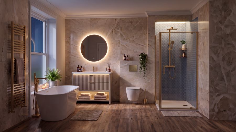 Linnea 1000mm Cashmere Vanity Unit Suite with Brushed Brass Corner Shower Enclosure & Freestanding Bath