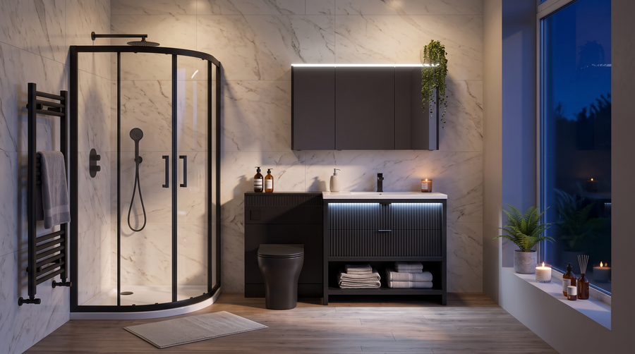 Linnea 1000mm Black Floorstanding Vanity Unit with 900 Quadrant Shower Enclosure Suite