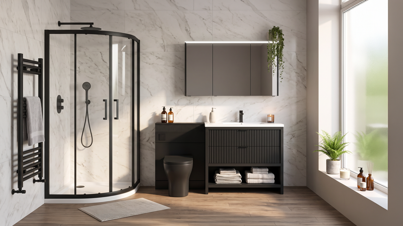 Linnea 1000mm Black Floorstanding Vanity Unit with 900 Quadrant Shower Enclosure Suite