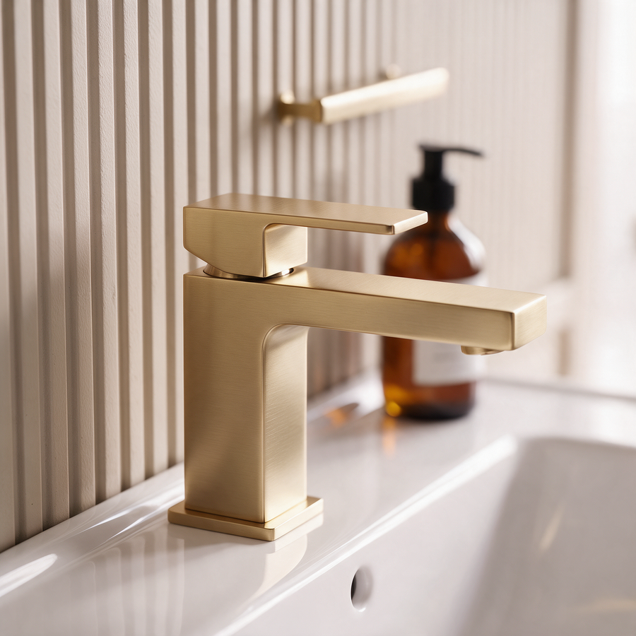 Linnea 1000mm Cashmere Vanity Unit Suite with Brushed Brass Corner Shower Enclosure & Freestanding Bath