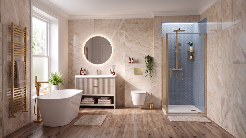 Linnea 1000mm Cashmere Vanity Unit Suite with Brushed Brass Corner Shower Enclosure & Freestanding Bath