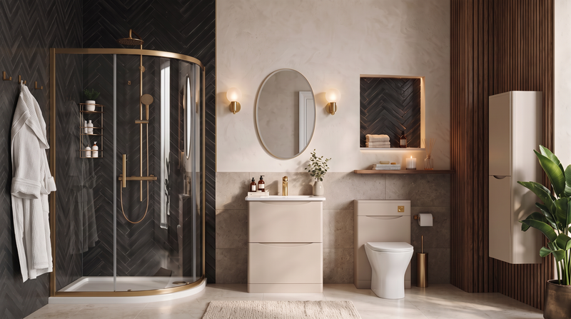 Zentro Cashmere Suite with Odessa Gold 800mm Quadrant Enclosure — Vanity, Toilet Unit, Shower & Mirror