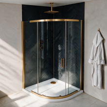 Odessa 900mm semi frameless quadrant shower enclosure with brushed brass frame on an anti slip quadrant tray