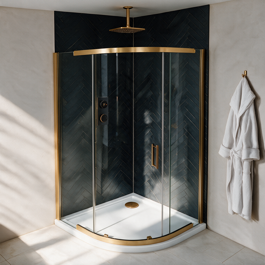 Odessa 900mm semi frameless quadrant shower enclosure with brushed brass frame on an anti slip quadrant tray