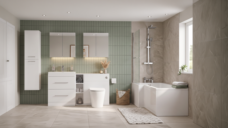 Form White Bathroom Suite with 1700mm L Shaped Shower Bath, Combination Unit & Storage