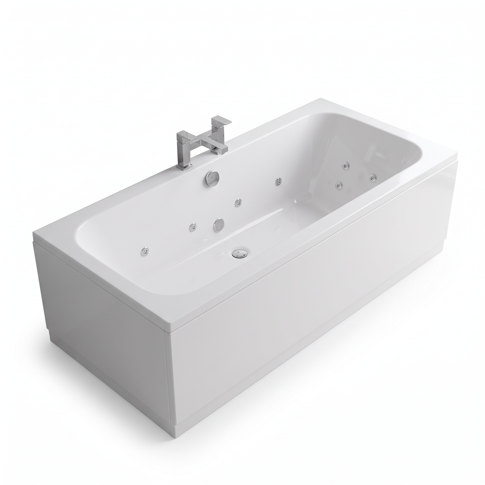 Studio shot of the 1700 x 800mm whirlpool bath with white front and end panels and chrome bath filler tap