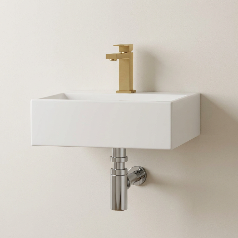 Blaze 510mm Wall Hung Basin with Brushed Gold Mono Mixer Tap, Waste & Chrome Bottle Trap - Complete Basin Set