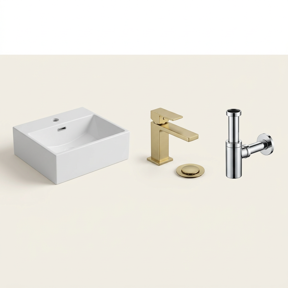 Blaze 510mm Wall Hung Basin with Brushed Gold Mono Mixer Tap, Waste & Chrome Bottle Trap - Complete Basin Set