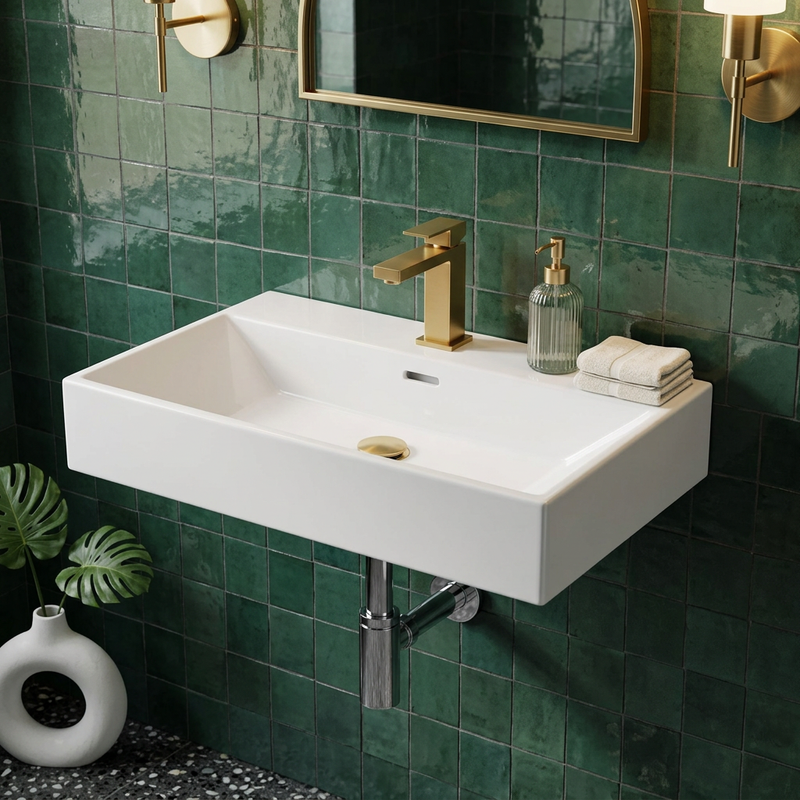 Blaze 510mm Wall Hung Basin with Brushed Gold Mono Mixer Tap, Waste & Chrome Bottle Trap - Complete Basin Set