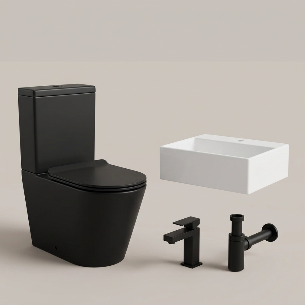 Alessio Black Close-Coupled Toilet with Wall Hung Basin and Tap