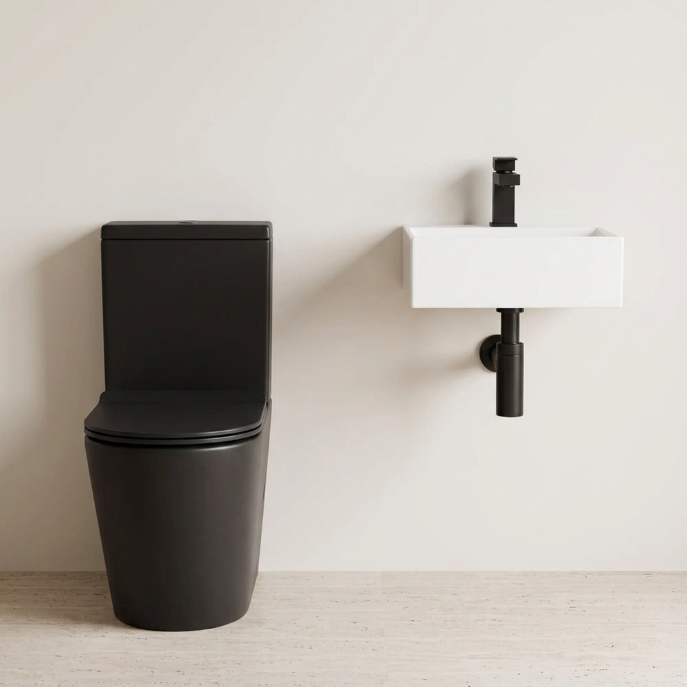 Alessio Black Close-Coupled Toilet with Wall Hung Basin and Tap
