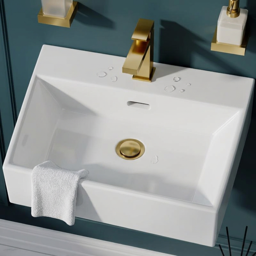 Blaze 510mm Wall Hung Basin with Brushed Gold Mono Mixer Tap, Waste & Chrome Bottle Trap - Complete Basin Set