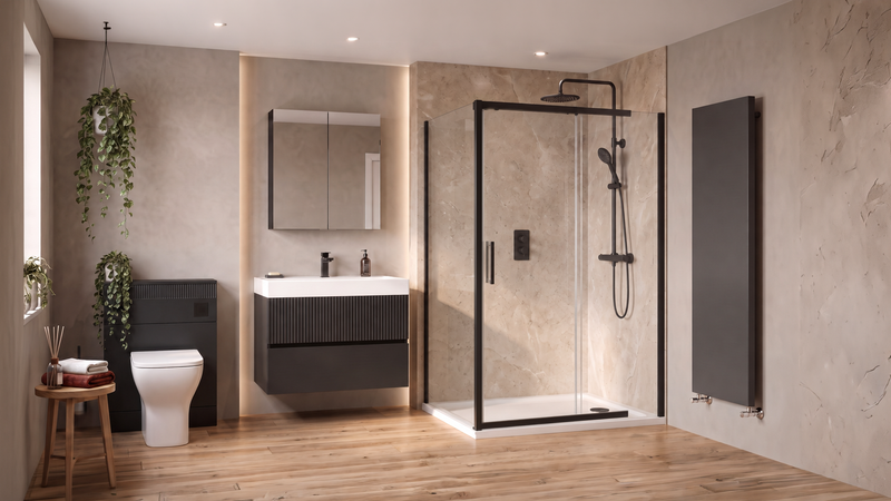 Linnea 700mm Black Wall Hung Vanity Unit with 1200mm Odessa Shower Enclosure Suite