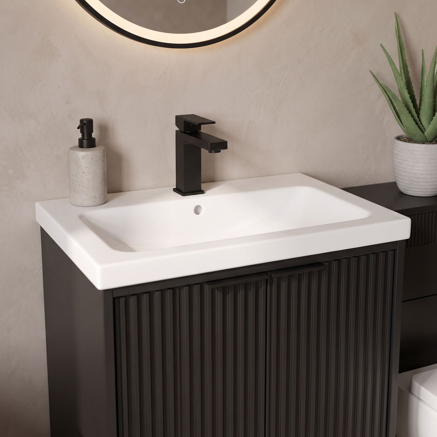Linnea Black Complete Bathroom Suite with 1700mm Fluted Freestanding Bath, Vanity Unit, Toilet and Heated Towel Rail
