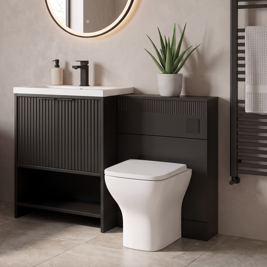 Linnea Black Complete Bathroom Suite with 1700mm Fluted Freestanding Bath, Vanity Unit, Toilet and Heated Towel Rail