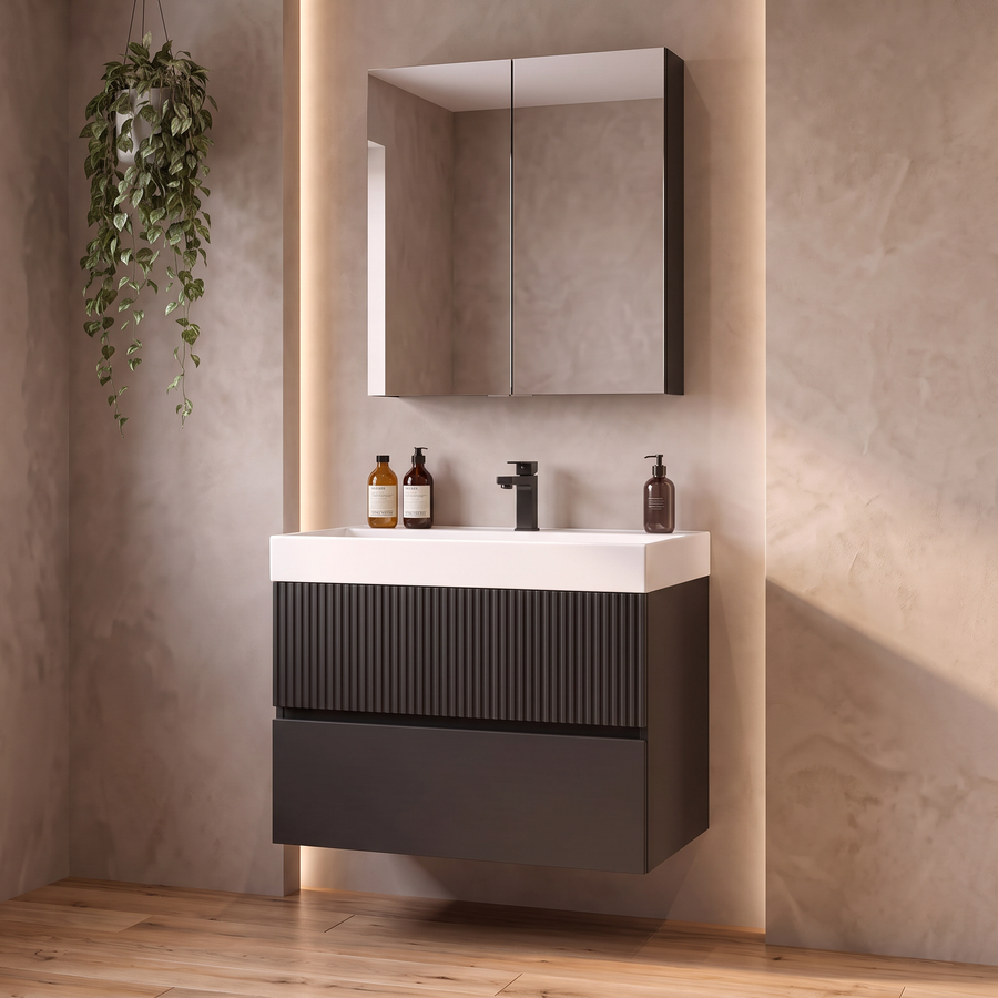 Linnea 700mm Black Wall Hung Vanity Unit with 1200mm Odessa Shower Enclosure Suite