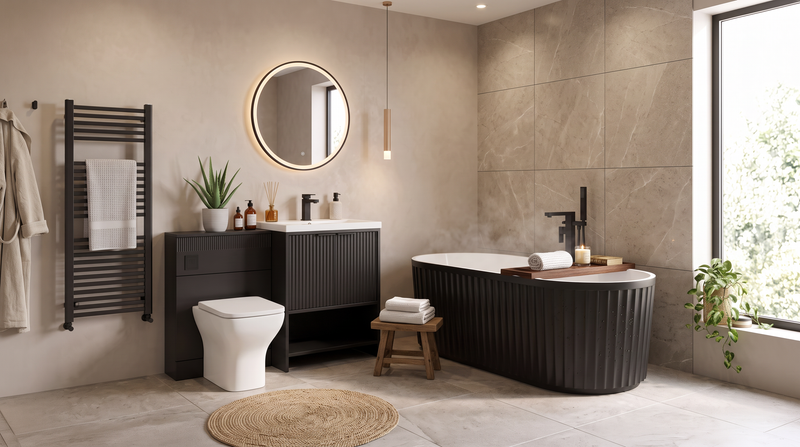 Linnea Black Complete Bathroom Suite with 1700mm Fluted Freestanding Bath, Vanity Unit, Toilet and Heated Towel Rail