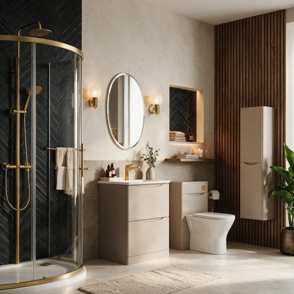 Zentro Cashmere Suite with Odessa Gold 800mm Quadrant Enclosure — Vanity, Toilet Unit, Shower & Mirror