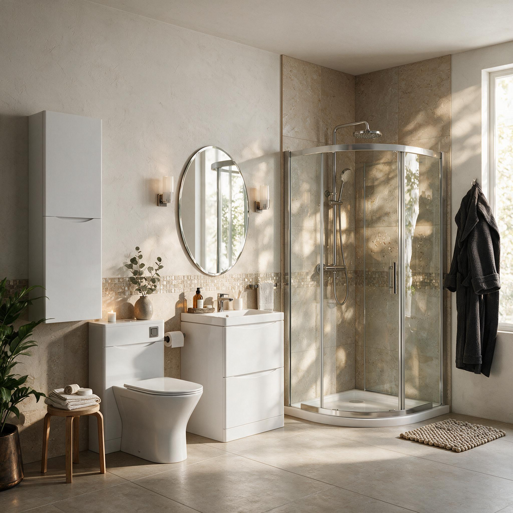 Zentro White Suite with Odessa Chrome 800mm Quadrant Enclosure — Vanity, Toilet Unit, Shower & Mirror