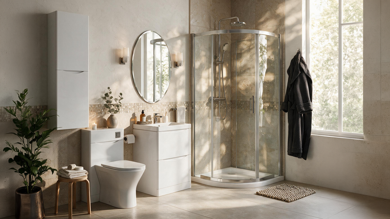 Zentro White Suite with Odessa Chrome 800mm Quadrant Enclosure — Vanity, Toilet Unit, Shower & Mirror