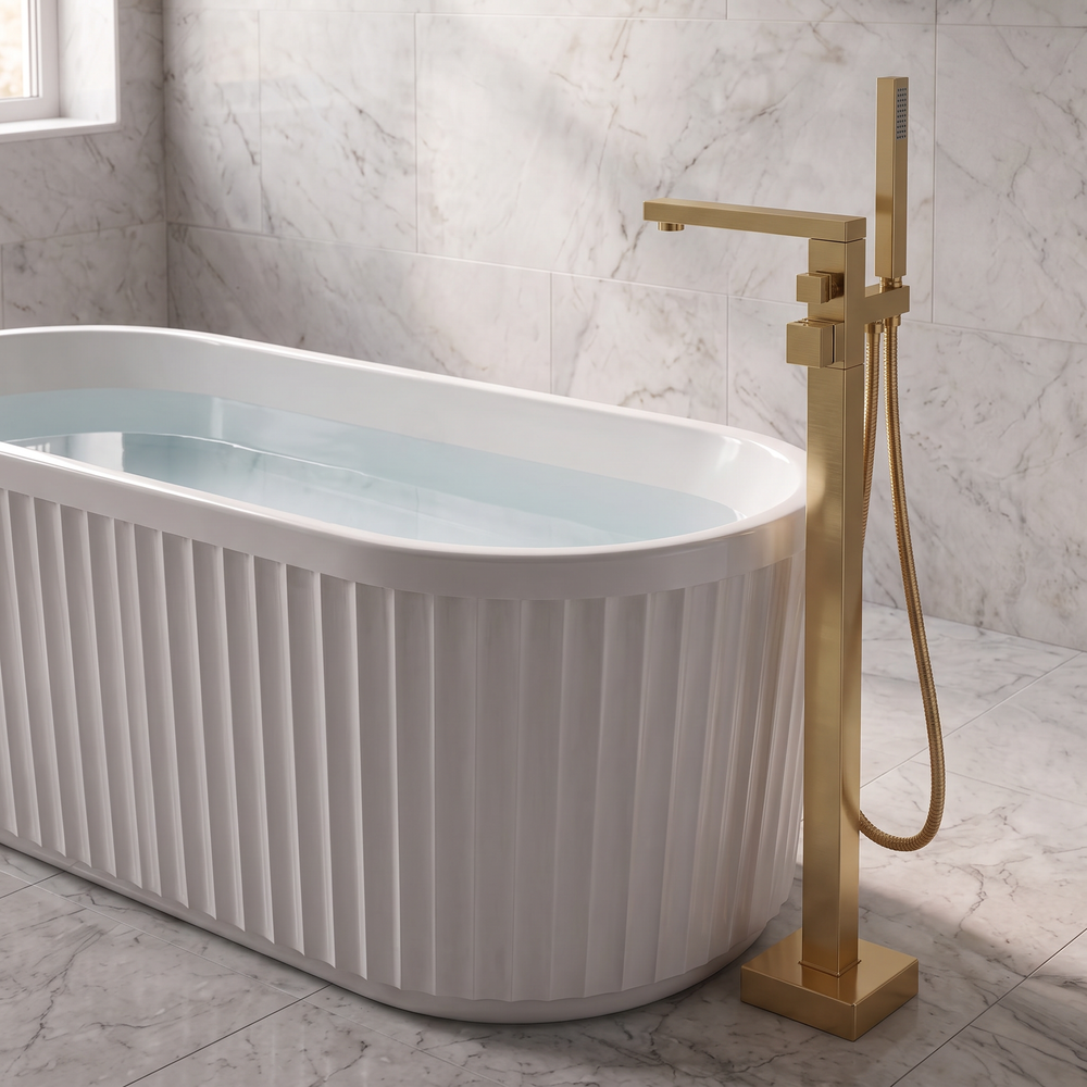 Linnea Cashmere & Brushed Brass Complete Bathroom Suite with 1700mm Fluted Freestanding Bath, Vanity Unit, Toilet & Accessories